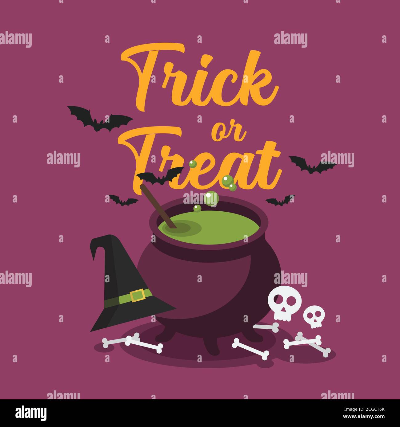 Witch cauldron with bubbling green potion. Halloween party greeting card. Vector illustration Stock Vector
