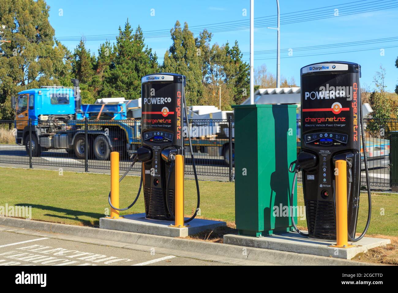 Electric vehicle chargers beside a highway. Waiouru, New Zealand, May