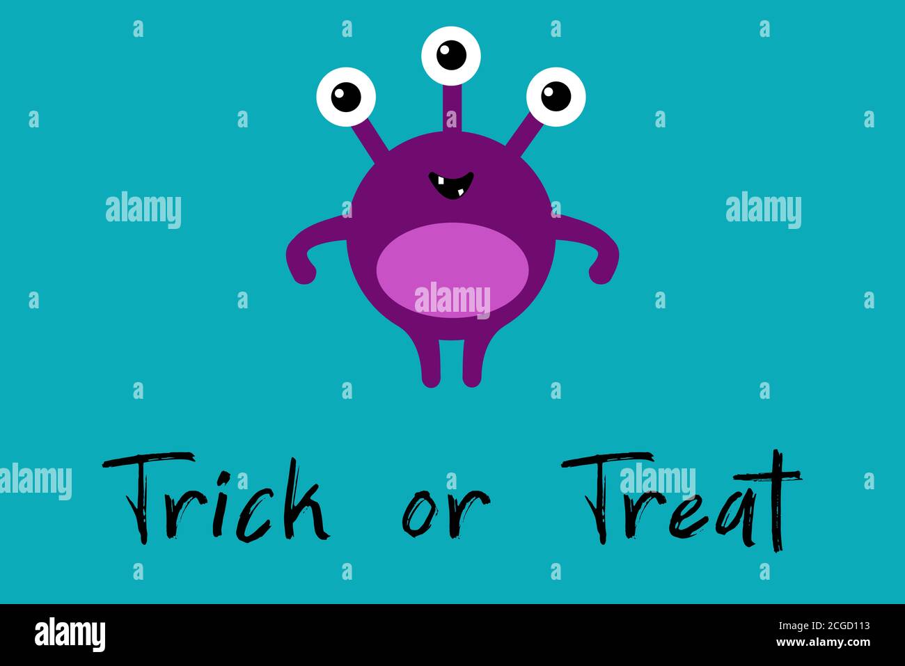 Cute cartoon monster with three eyes on blue background with Trick or Treat text . Happy Halloween card. Flat design. Stock Photo