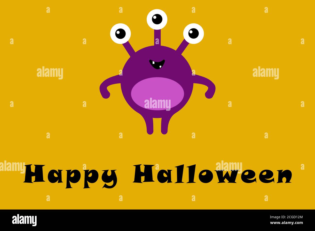 Cute cartoon monster with three eyes on orange background with Happy Halloween text . Happy Halloween card. Flat design. Stock Photo