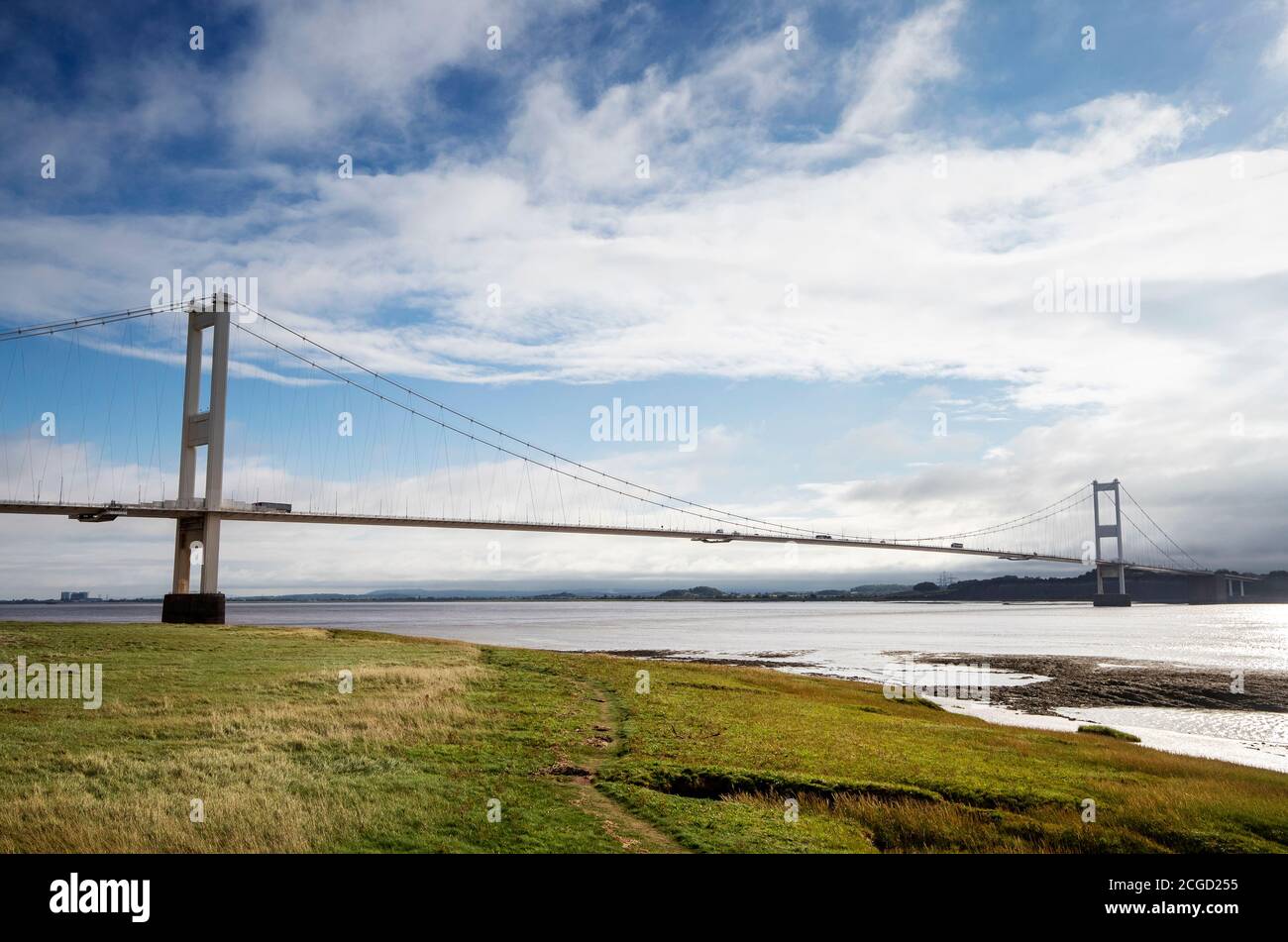 The Severn bridge, M48 motorway suspension bridge linking England and Wales over the River Severn. Stock Photo
