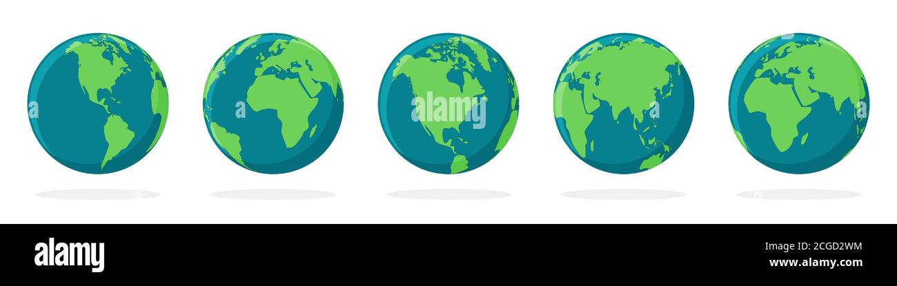 Earth globe icons isolated. World map icons. Set of color hemispheres of earth with a different continents. Vector illustration. Stock Vector