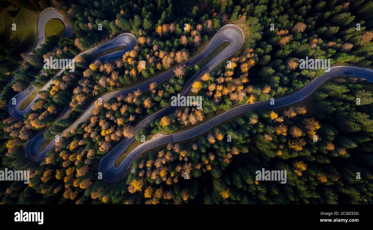 Aerial view of curvy asphalt road in autumn forest Stock Photo - Alamy