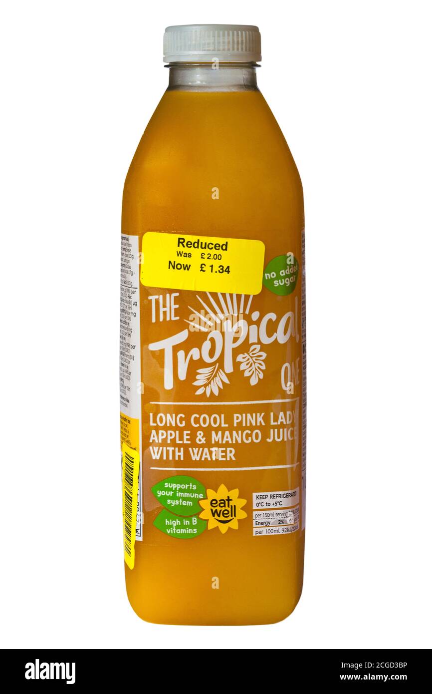 Bottle of The Tropical One long cool pink lady apple & mango juice with water isolated on white background - yellow reduced price sticker Stock Photo