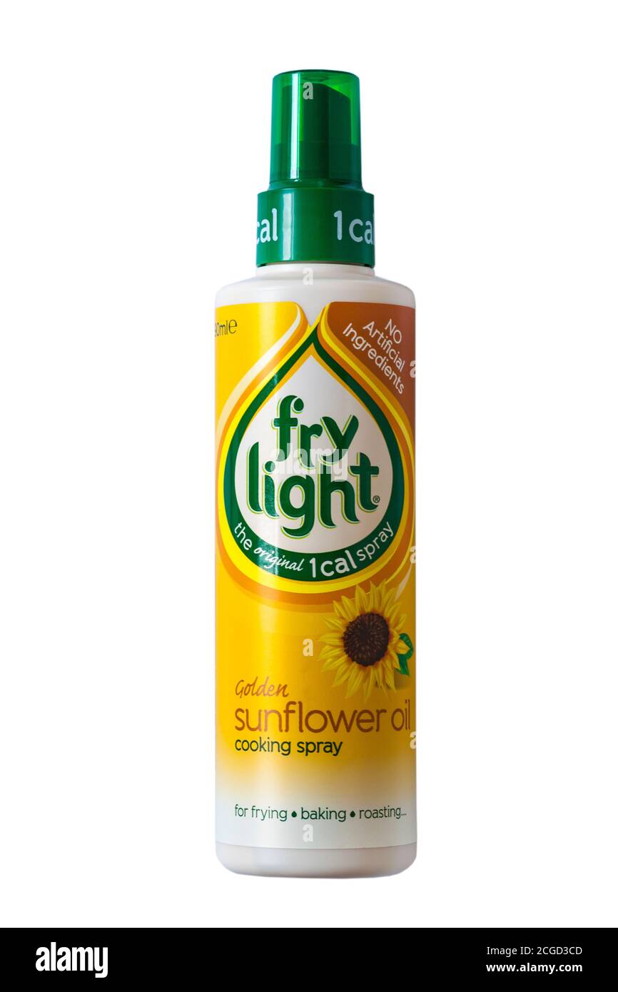 Bottle of fry light golden sunflower oil spray isolated on white - the original 1 cal spray, no artificial ingredients Stock Photo - Alamy