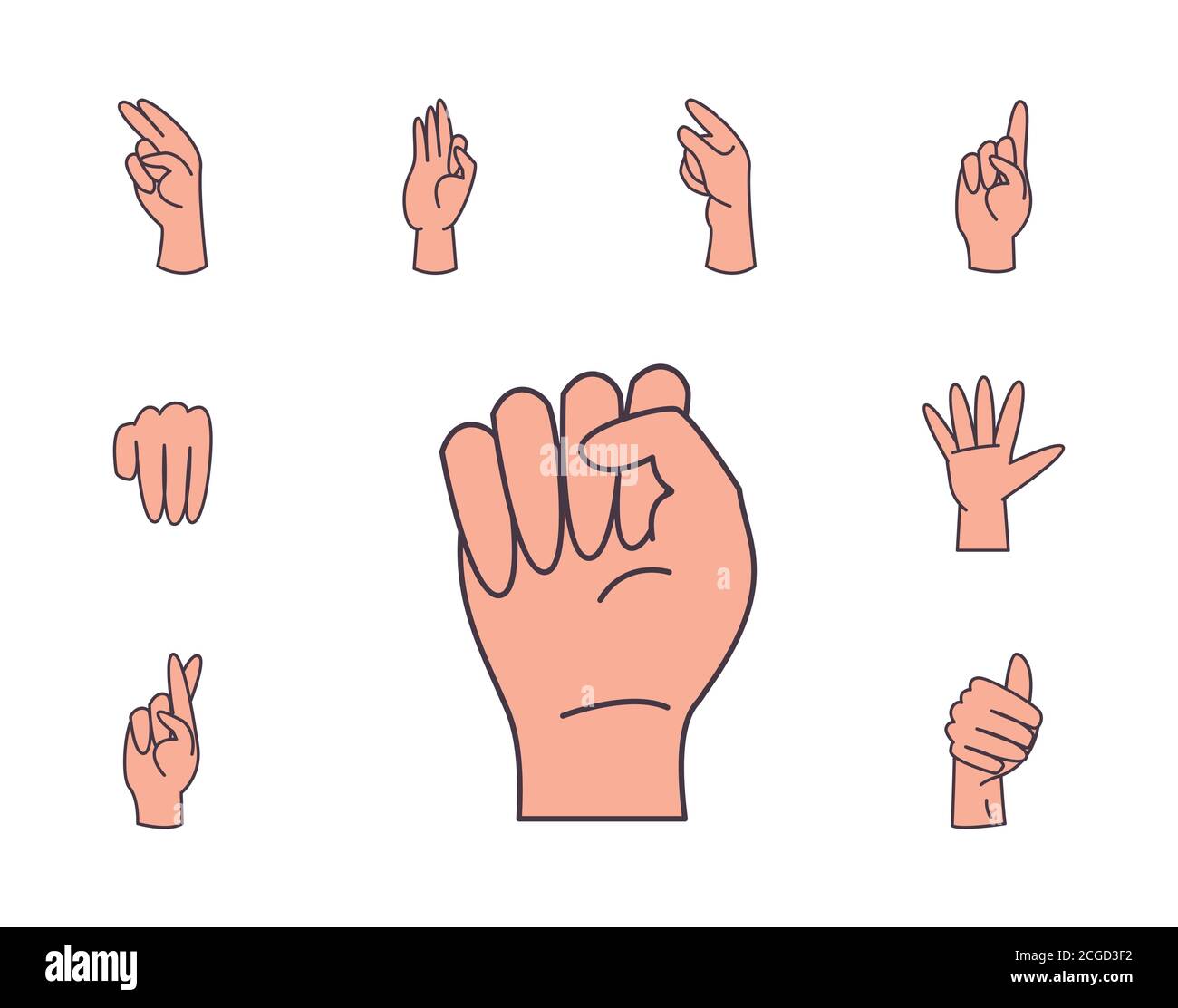 Hand Sign Language Alphabet Line And Fill Style Set Icons Design Of People Help Finger Person