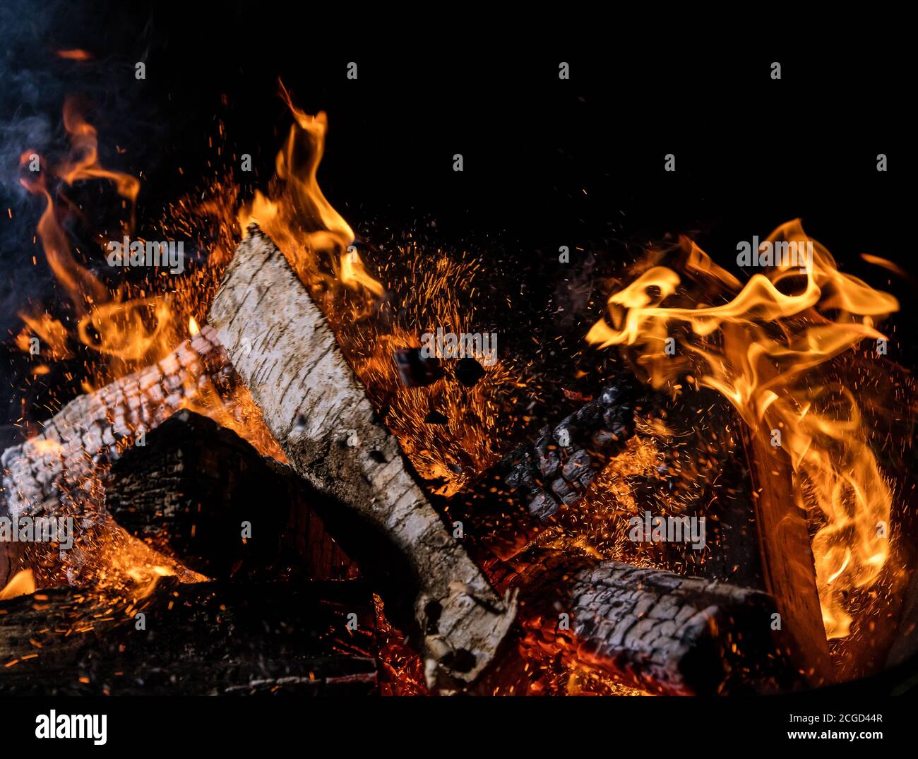Burning wooden logs in fire, campfire isolated on black background ...