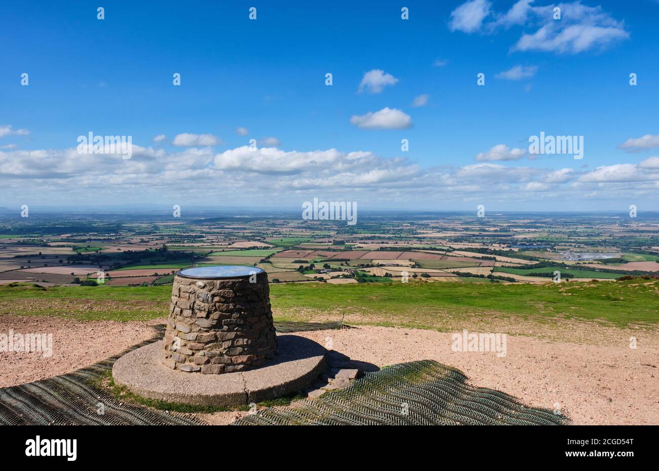 The toposcope on The Wrekin, looking west towards Wales, The Wrekin, Shropshire Stock Photo