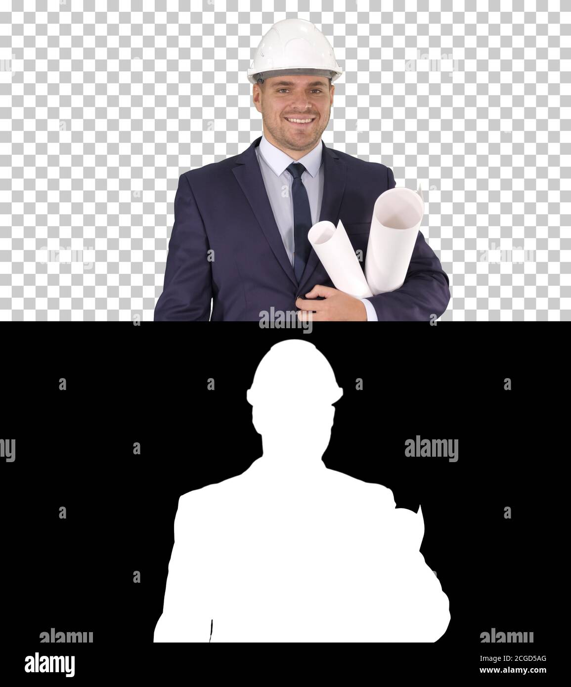 Smiling architect or engineer walking while keeping projects in arms Labor concept, Alpha Channel Stock Photo