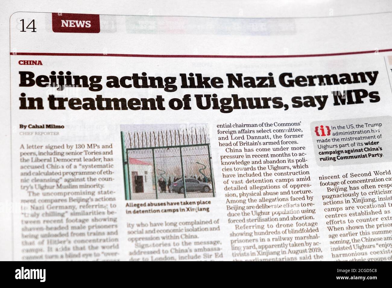'Beijing acting like Nazi Germany in treatment of Uighurs, say MPs' i newspaper headline 9 September 2020 London England UK Stock Photo