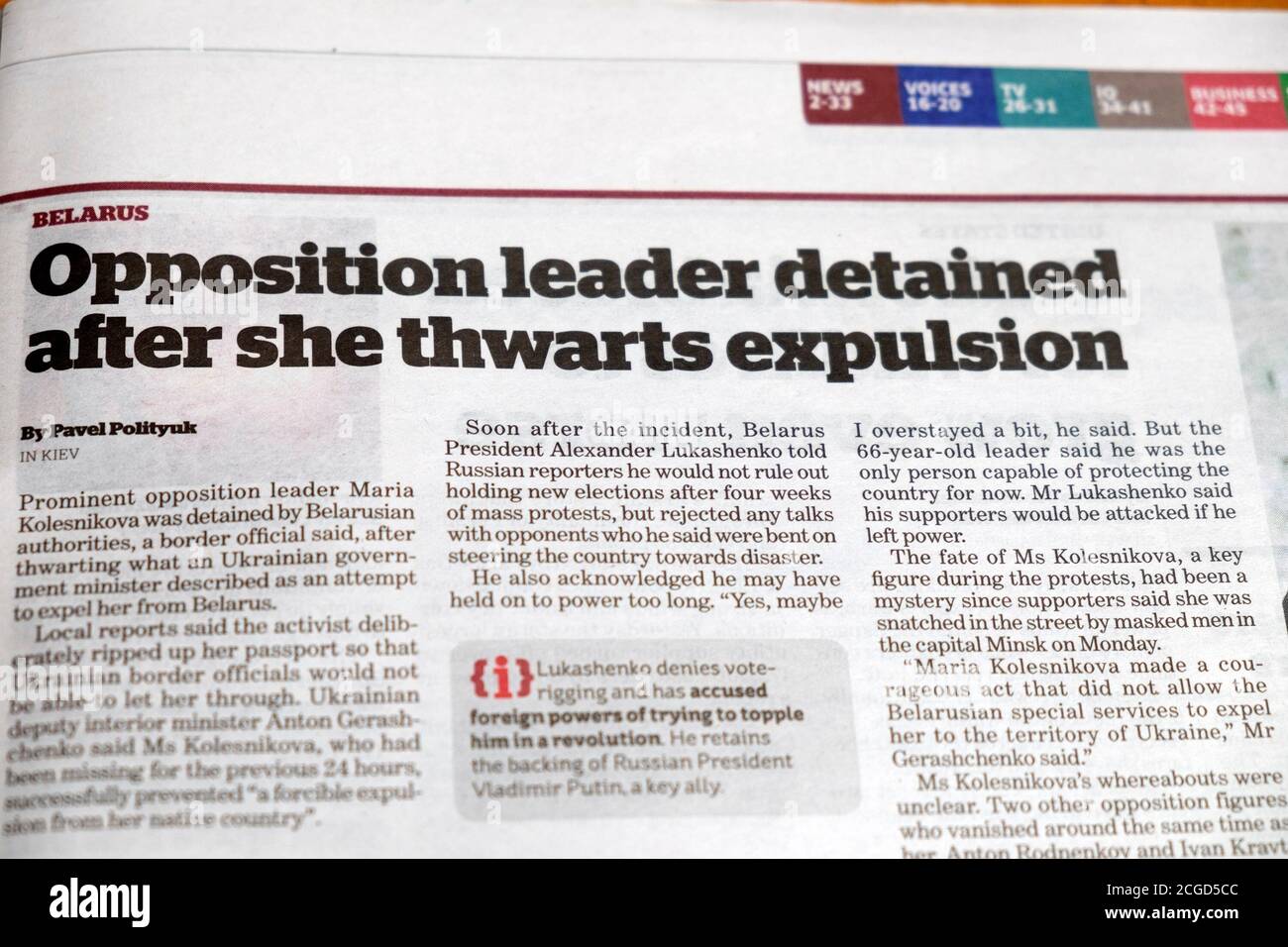 Belarus 'Opposition leader detained after she thwarts expulsion' Maria Kolesnikova i newspaper headline article 9 September 2020 London England UK Stock Photo