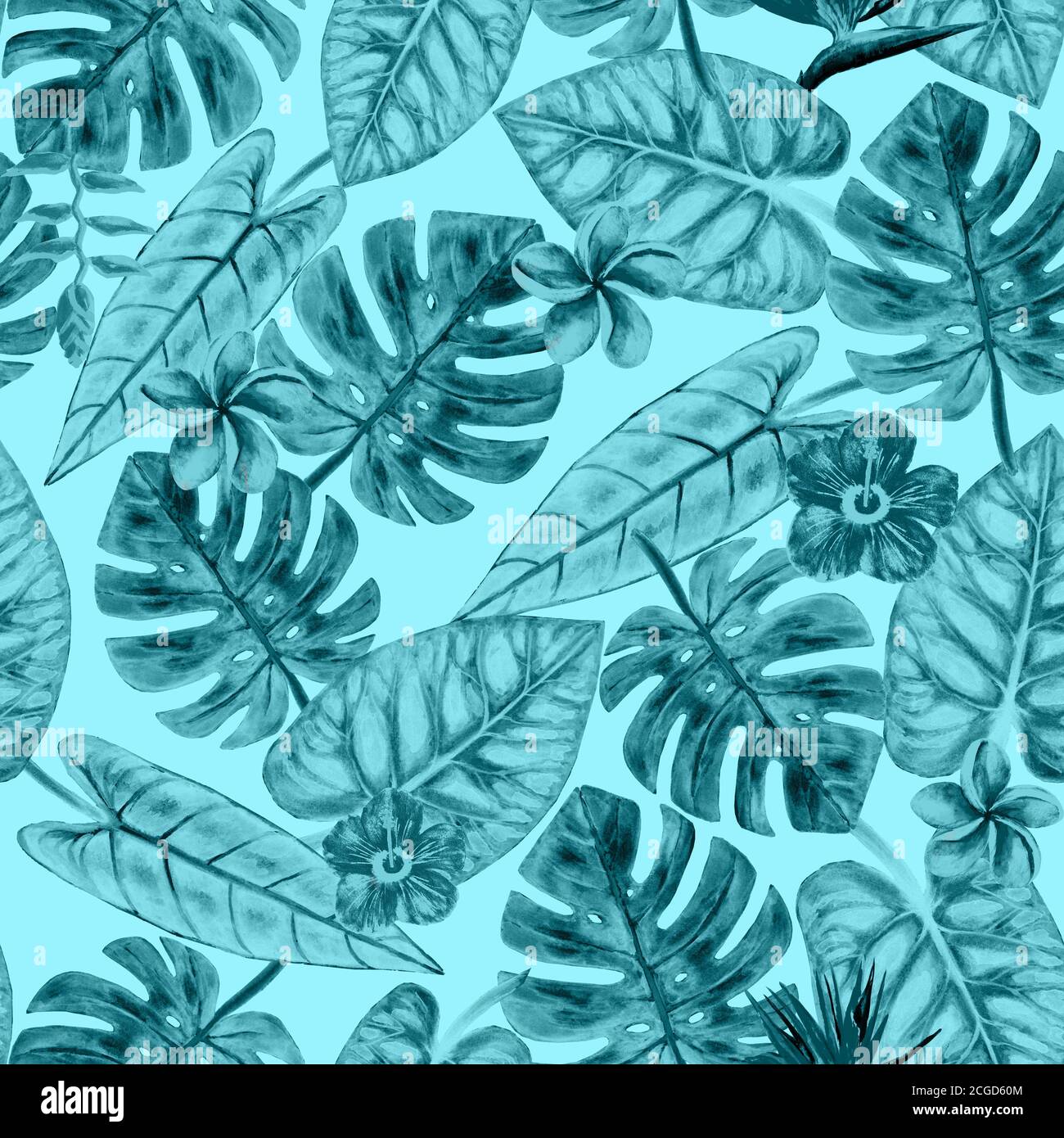Watercolor abstract summer monochrome seamless pattern with tropical plants on blue teal background. Watercolour hand drawn exotic leaves and flowers. Stock Photo