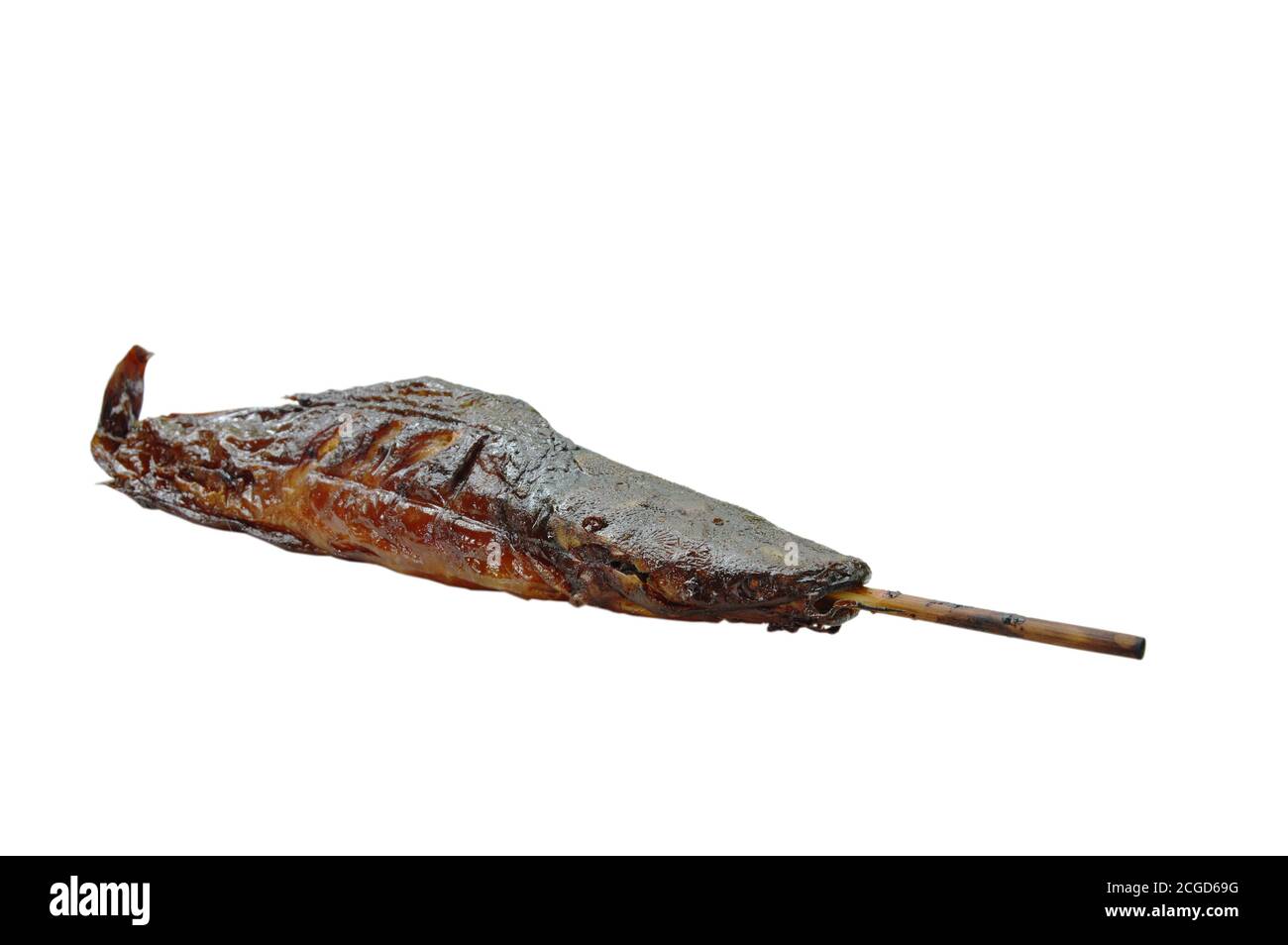 grilled catfish stabbing wooden stick on white background Stock Photo
