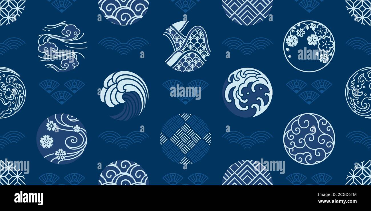 Japanese seamless pattern and wallpaper vector. Water wave, wind,cloud,porcelain,textiles,sakura