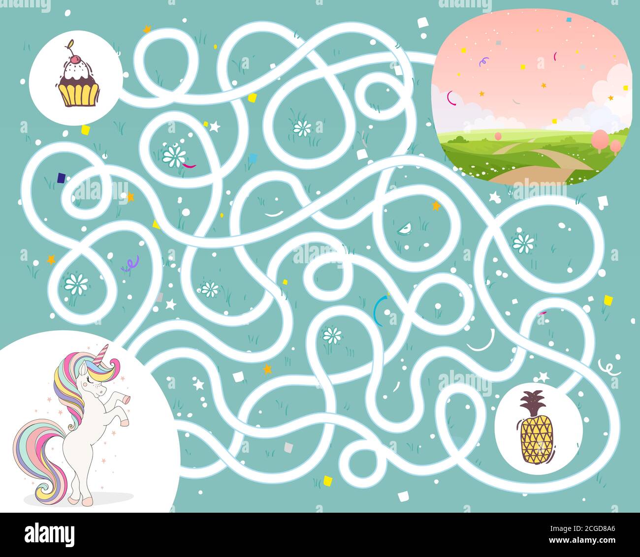 Maze game for kindergarten children. Help the unicorn get to the fairy land. Developing activities for boys and girls. Stock Vector illustration Stock Vector
