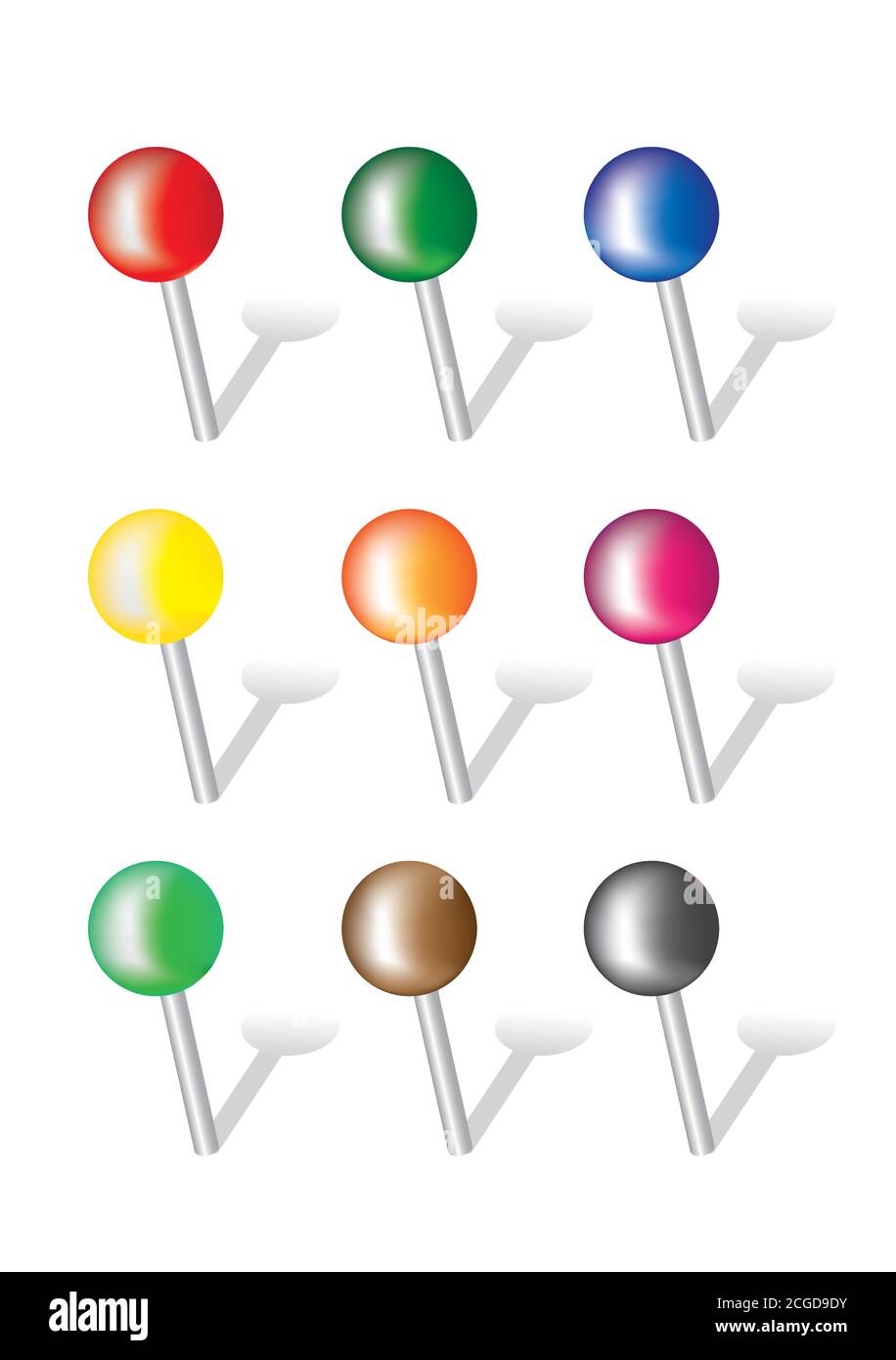 Vector illustration of push pins with round colorful heads and shadow isolated on white background Stock Vector