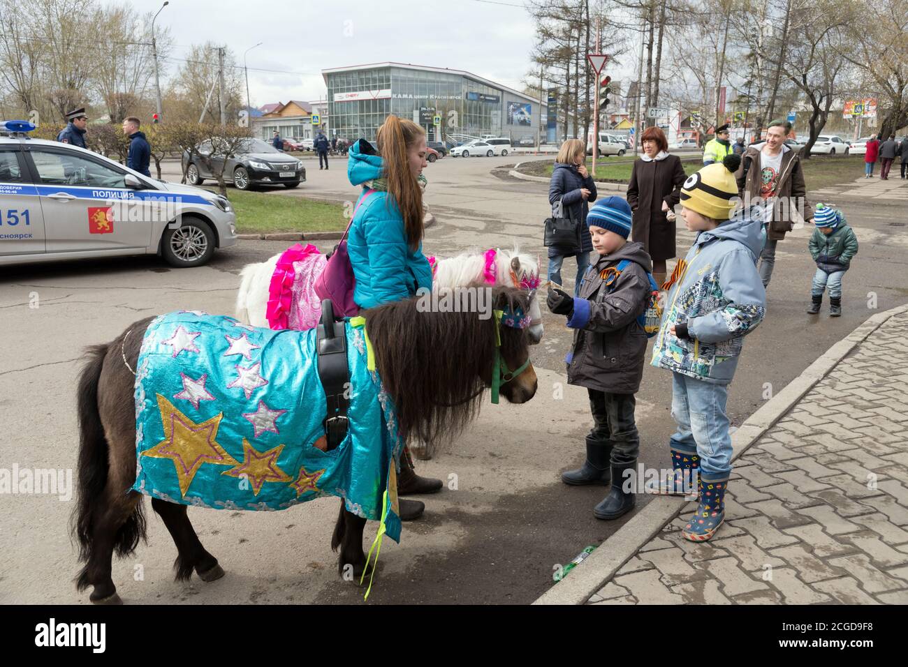 The boys stared at the elegant pony for riding, under the supervision of a girlon the background of a police car Stock Photo