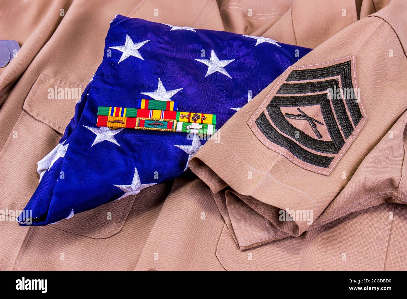 Folded American Flag & Service Ribbons On Gunnery Sergeant Uniform Stock Photo