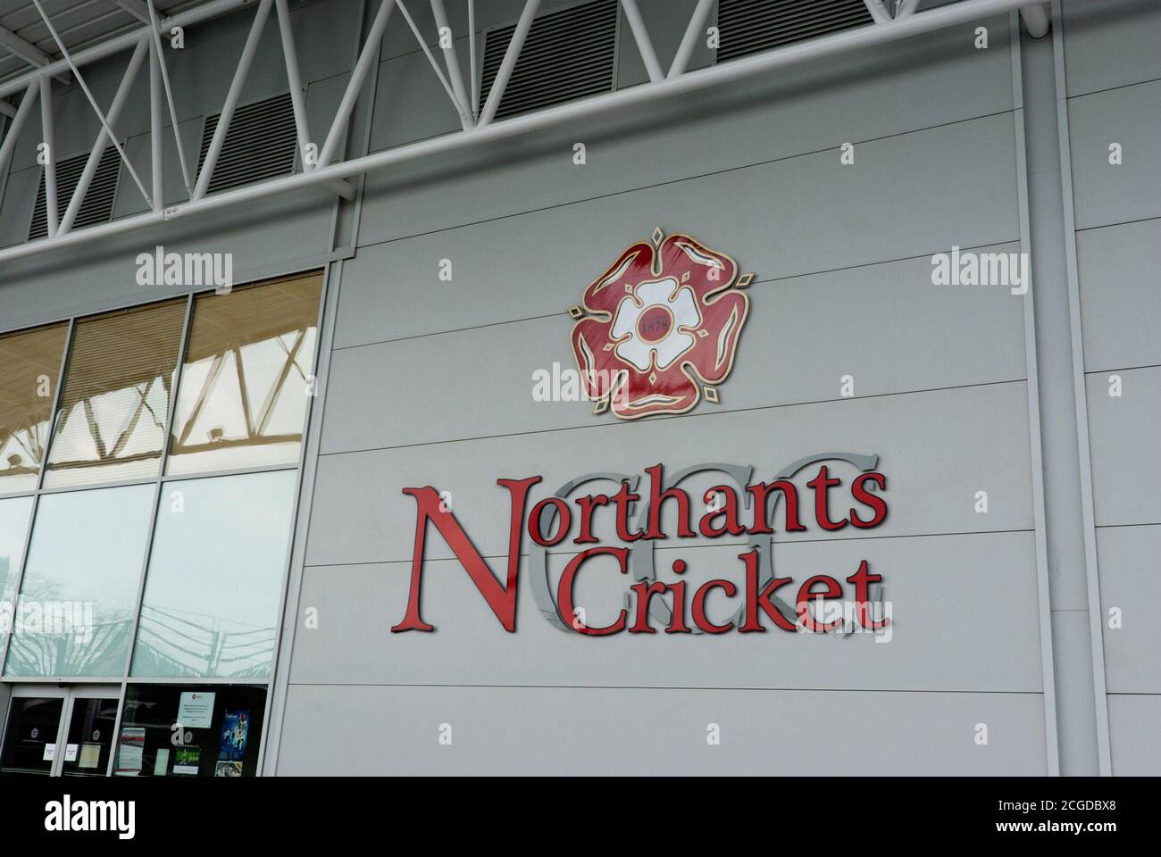 Signage for Northants County Cricket Club, including the Rose of the Shires emblem, County Ground, Northampton, UK Stock Photo