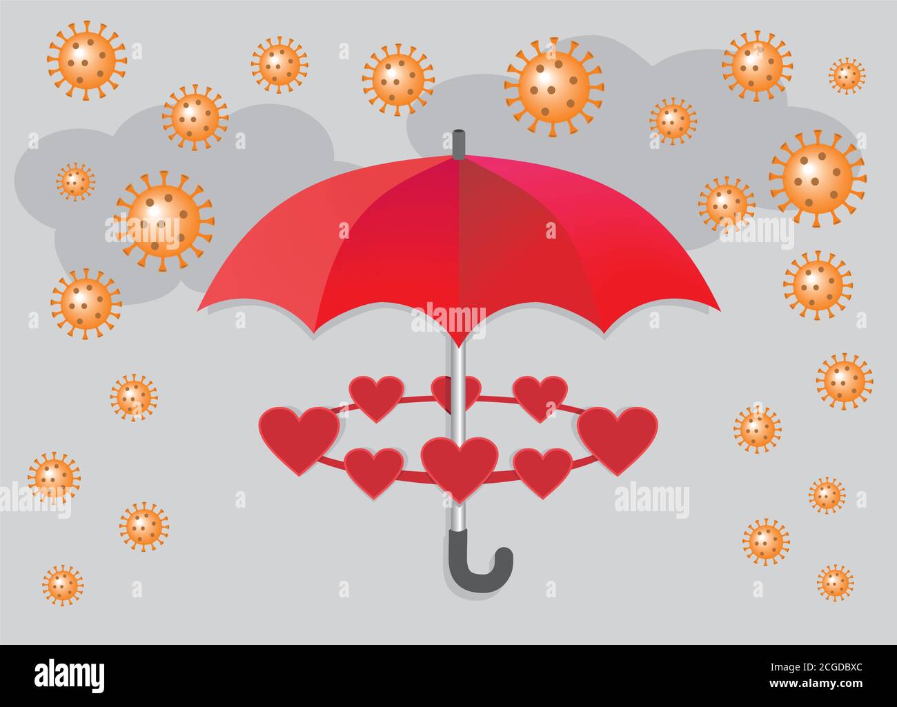 Umbrella protects hearts for Corona crisis. Vector illustration. Stock Vector