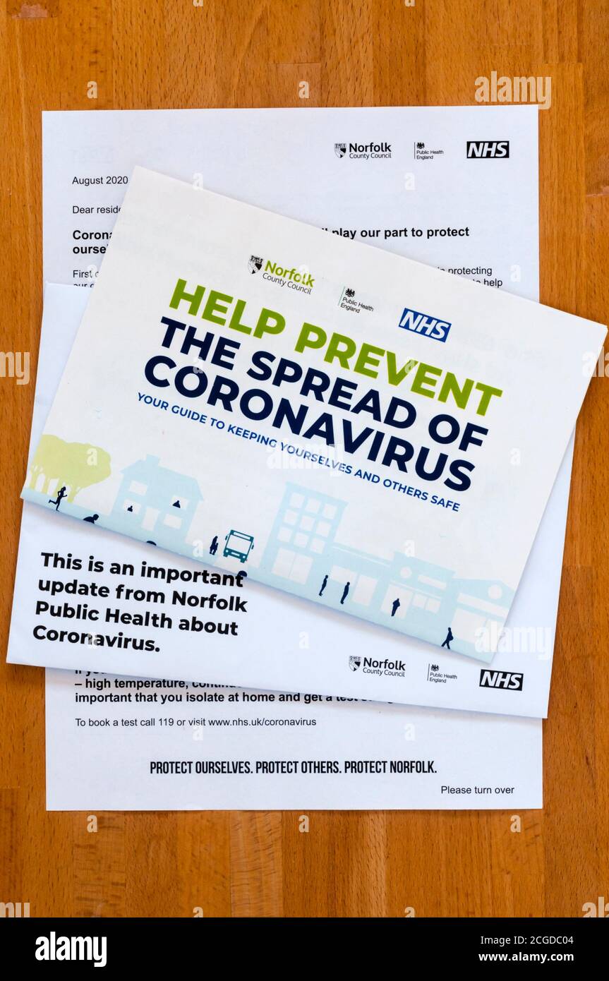 A letter from Norfolk County Council, NHS & Public Health England about coronavirus, during the 2020 COVID-19 coronavirus pandemic. Stock Photo