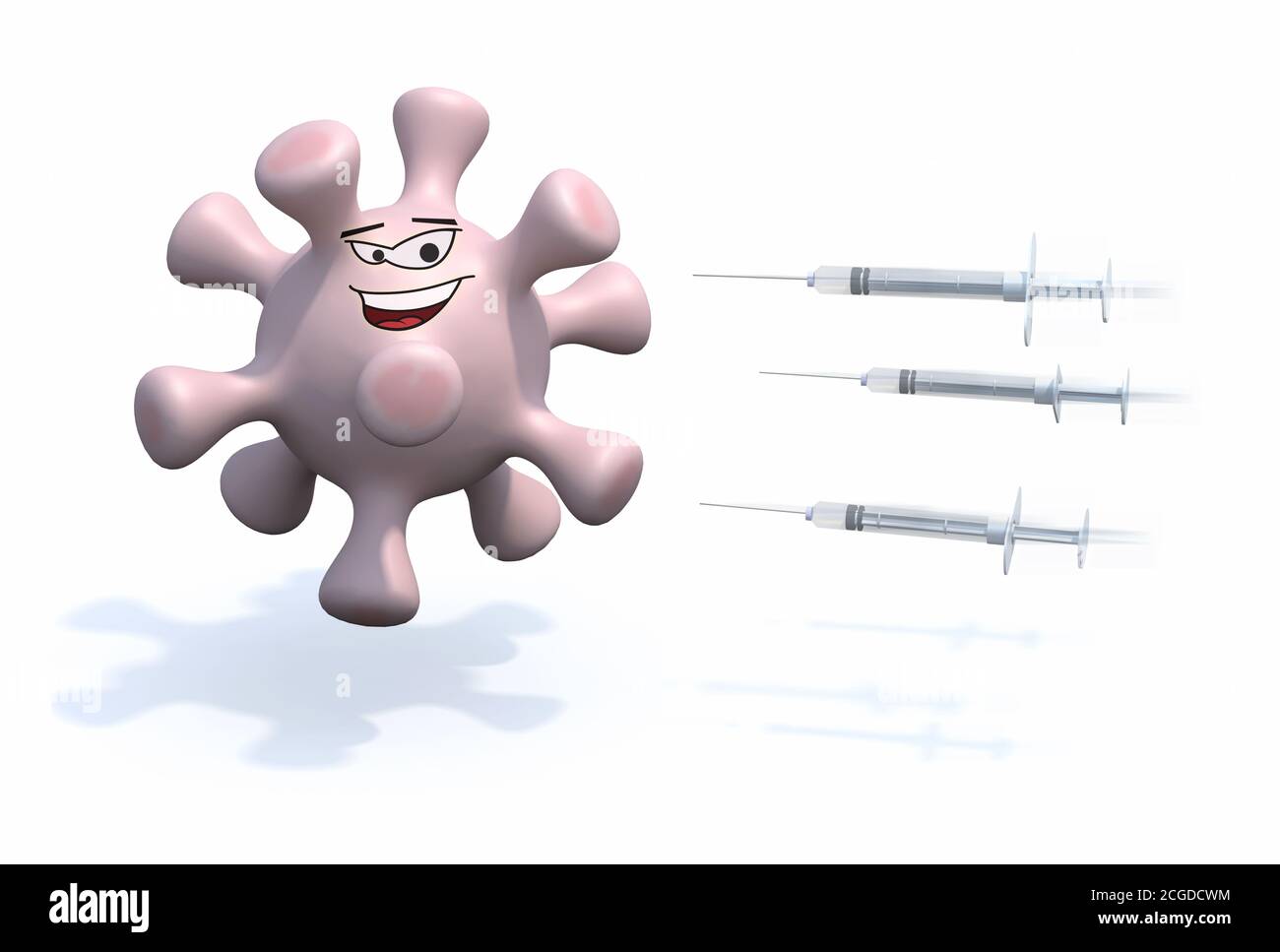corona virus cartoon and syringes, 3d illustration Stock Photo