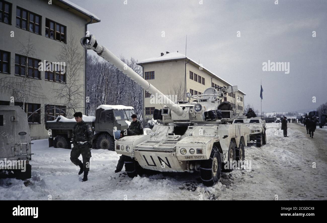 20th February 1994 During the Siege of Sarajevo: French armoured cars in the Bosnian-Serb's Lukavica Barracks, near Sarajevo Airport. Stock Photo
