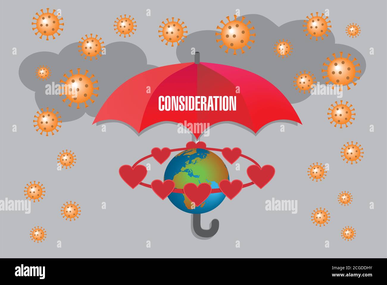 Red umbrella protects earth surronded by hearts. Vector illustration. Stock Vector