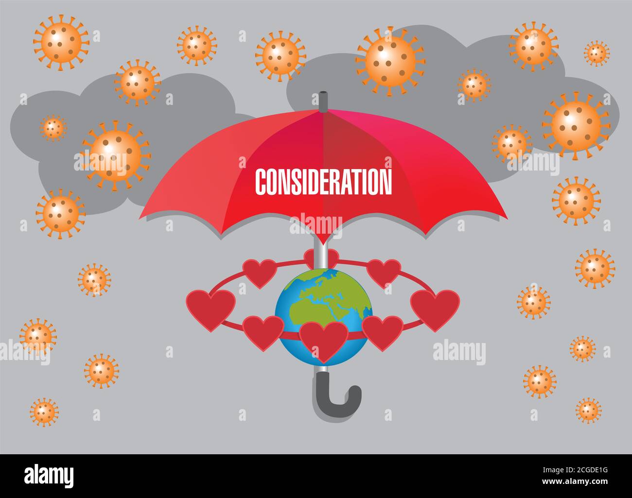 Red umbrella protects earth surronded by hearts. Vector illustration. Stock Vector