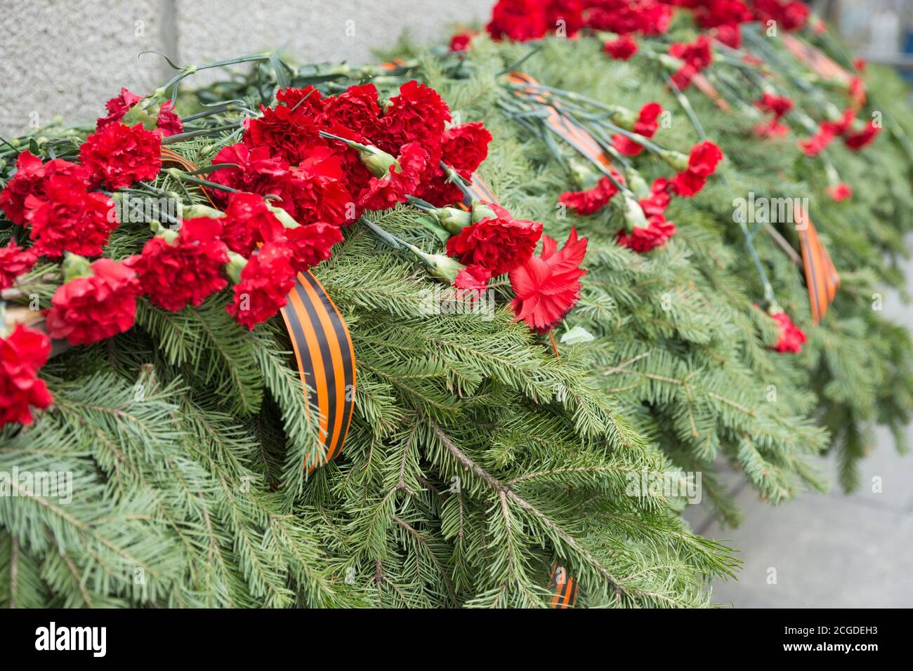 Solemn funeral coniferous garland with carnation flowers and St.