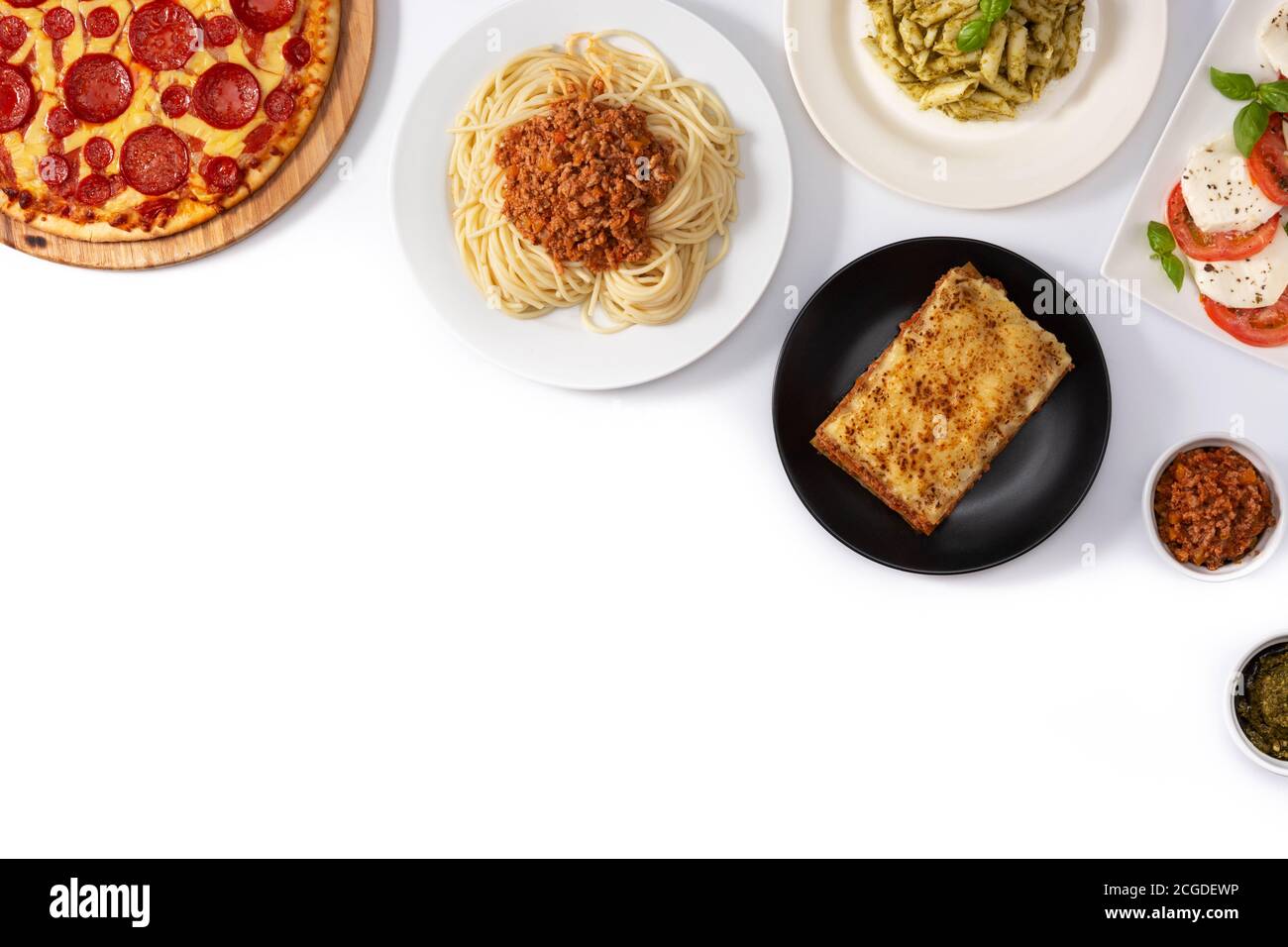Assortment of Italian pasta dishes isolated on white background Stock Photo