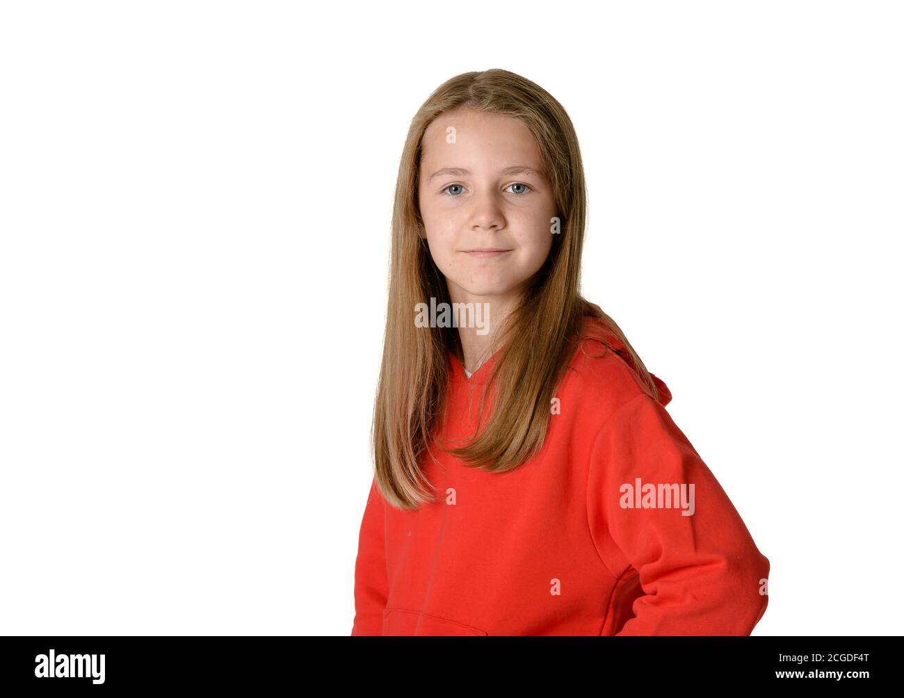 Young caucasian teen girl wearing red hoodie on white background Stock