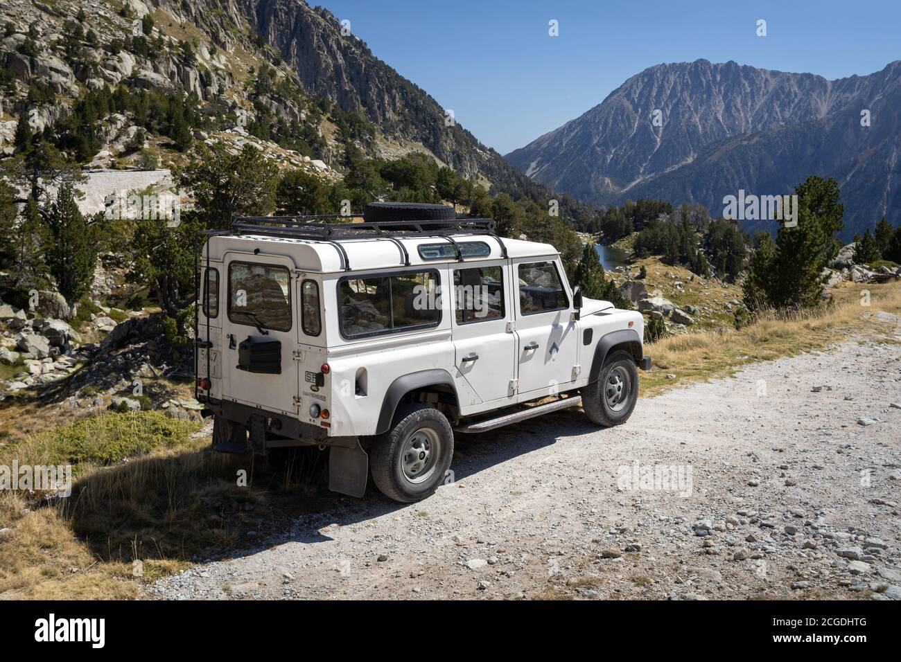 ESPOT, SPAIN-SEPTEMBER 5, 2020: Land Rover Defender 110 Station wagon standing on a mountain road (rear view) Stock Photo