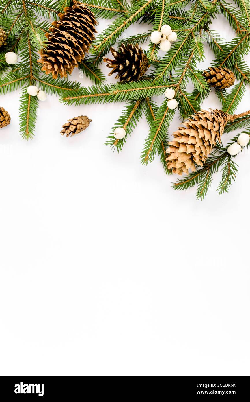 Christmas composition with fir branches, pine cones on white background ...