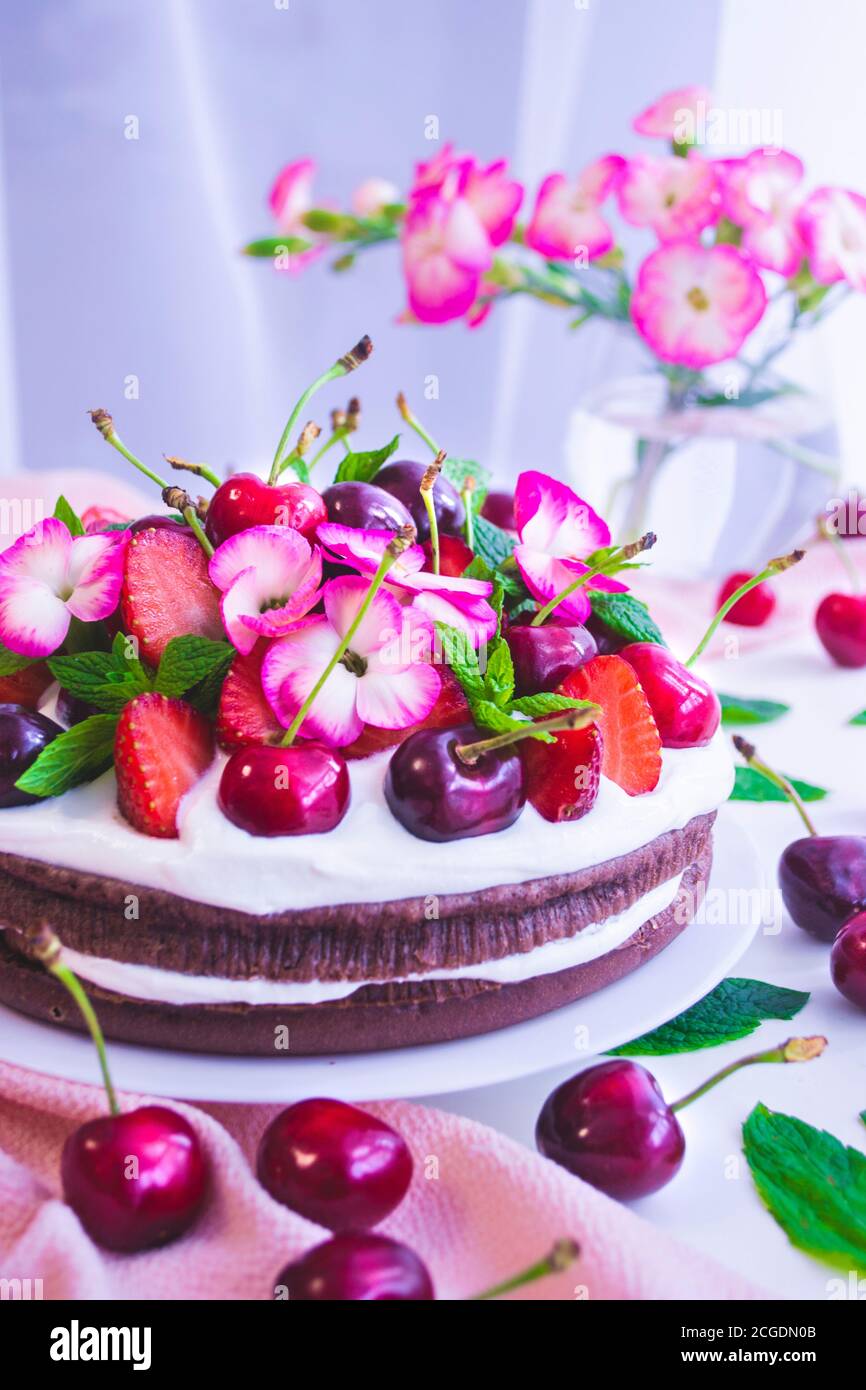 Chocolate cake with cherries and strawberries Stock Photo