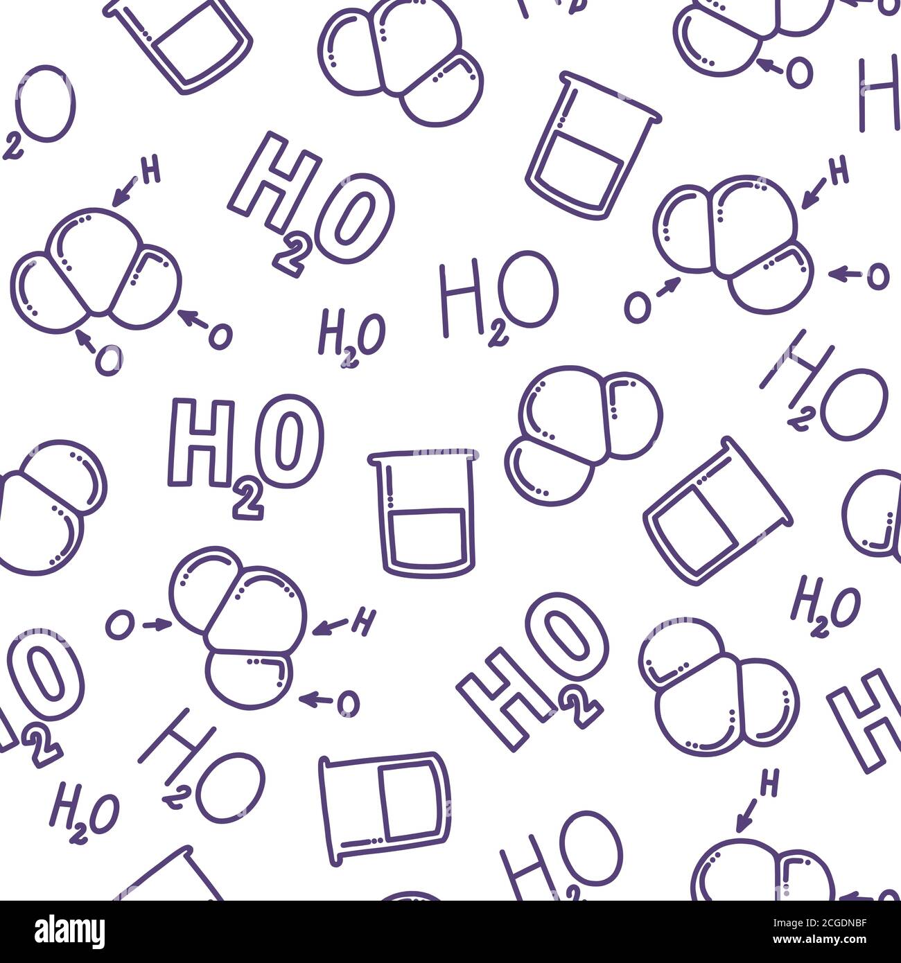 Chemical seamless pattern with H2O. Different representations of water. Molecule, liquid and chemical formula of water. Hand drawn pattern for Stock Vector