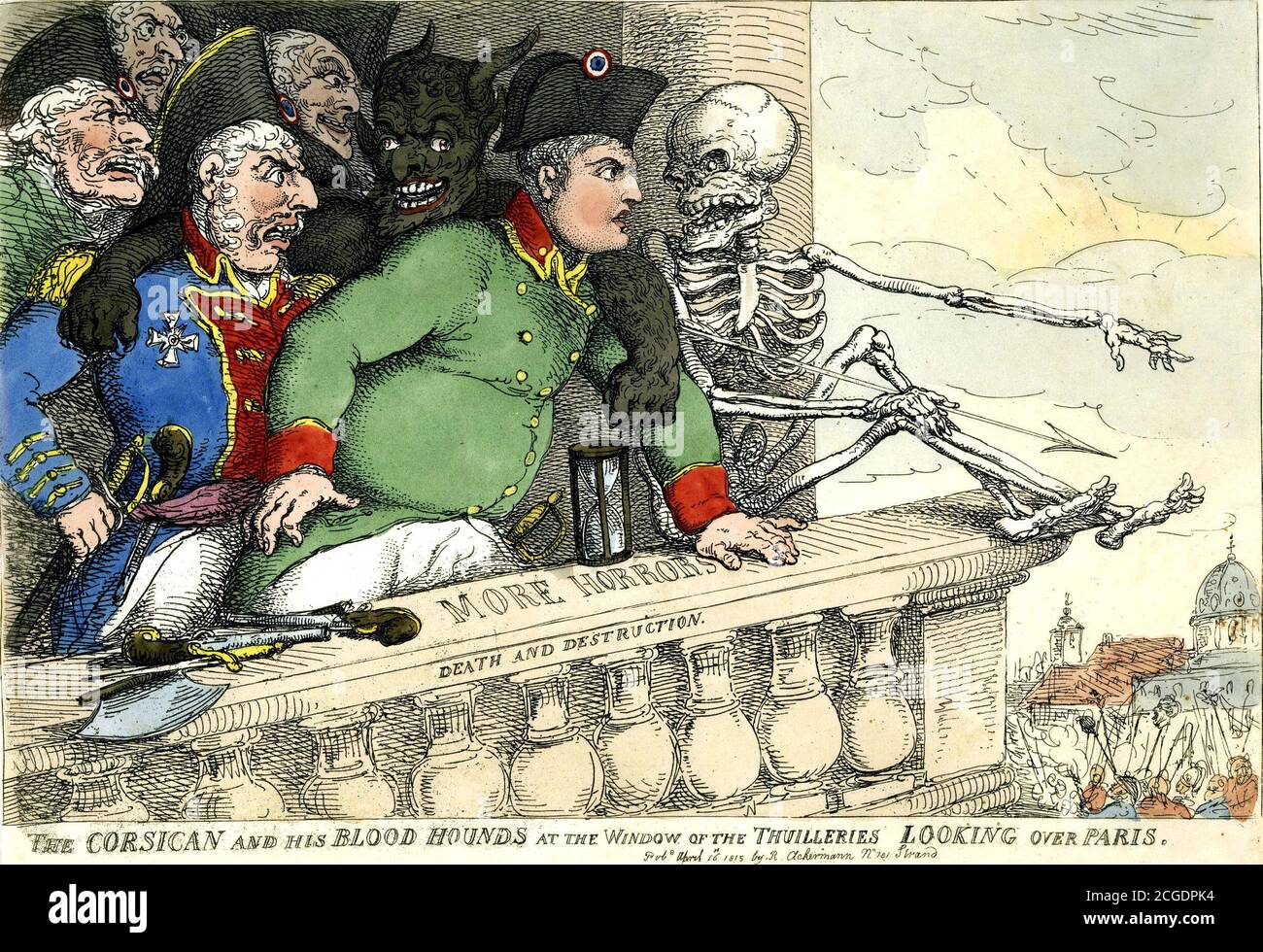 Satirical print about Napoleon entitled 'The Corsican and his blood hounds at the window of the Thuilleries looking over Paris' by Thomas Rowlandson (1757-1827), 1815 Stock Photo
