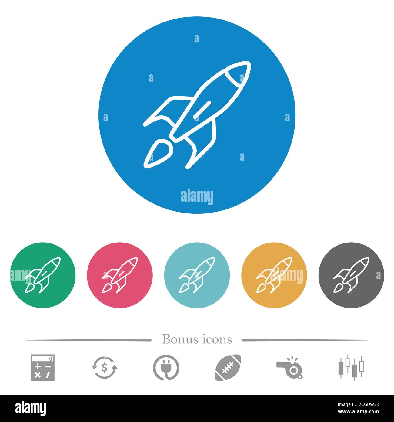 Rocket flat white icons on round color backgrounds. 6 bonus icons ...