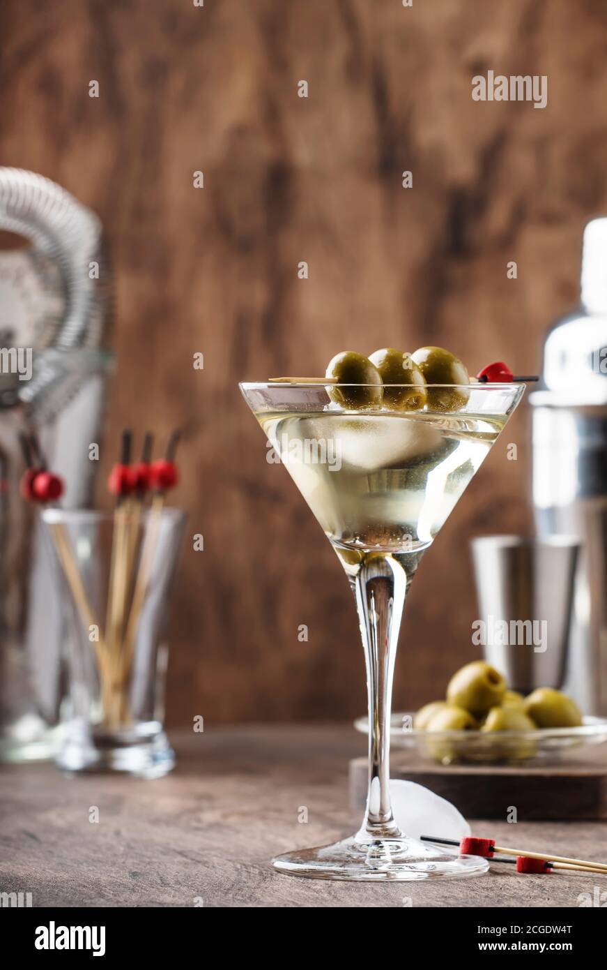 Classic Martini vodka cocktail, with dry vermouth, vodka and green