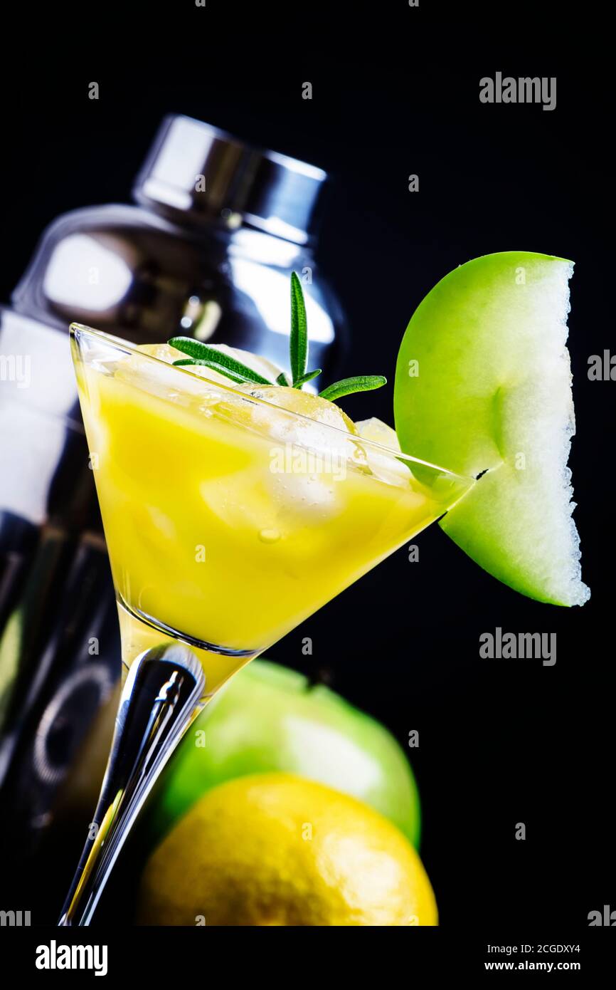 Alcoholic cocktail apple martini, with dry vermouth, syrup, lemon juice
