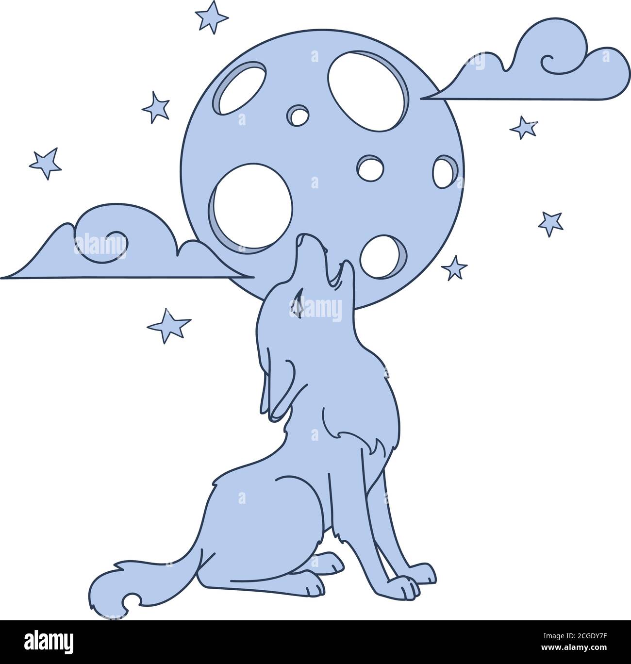 Hand drawn picture of a cute little wolf sitting and howling at the moon, cartoon vector illustration Stock Vector