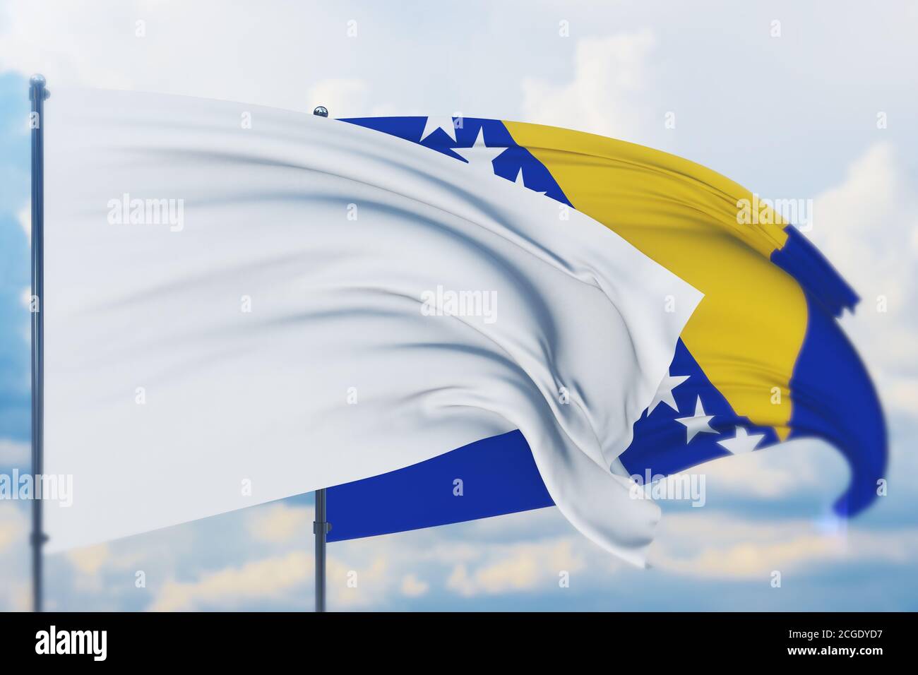 White flag on flagpole waving in the wind and flag of Bosnia and ...