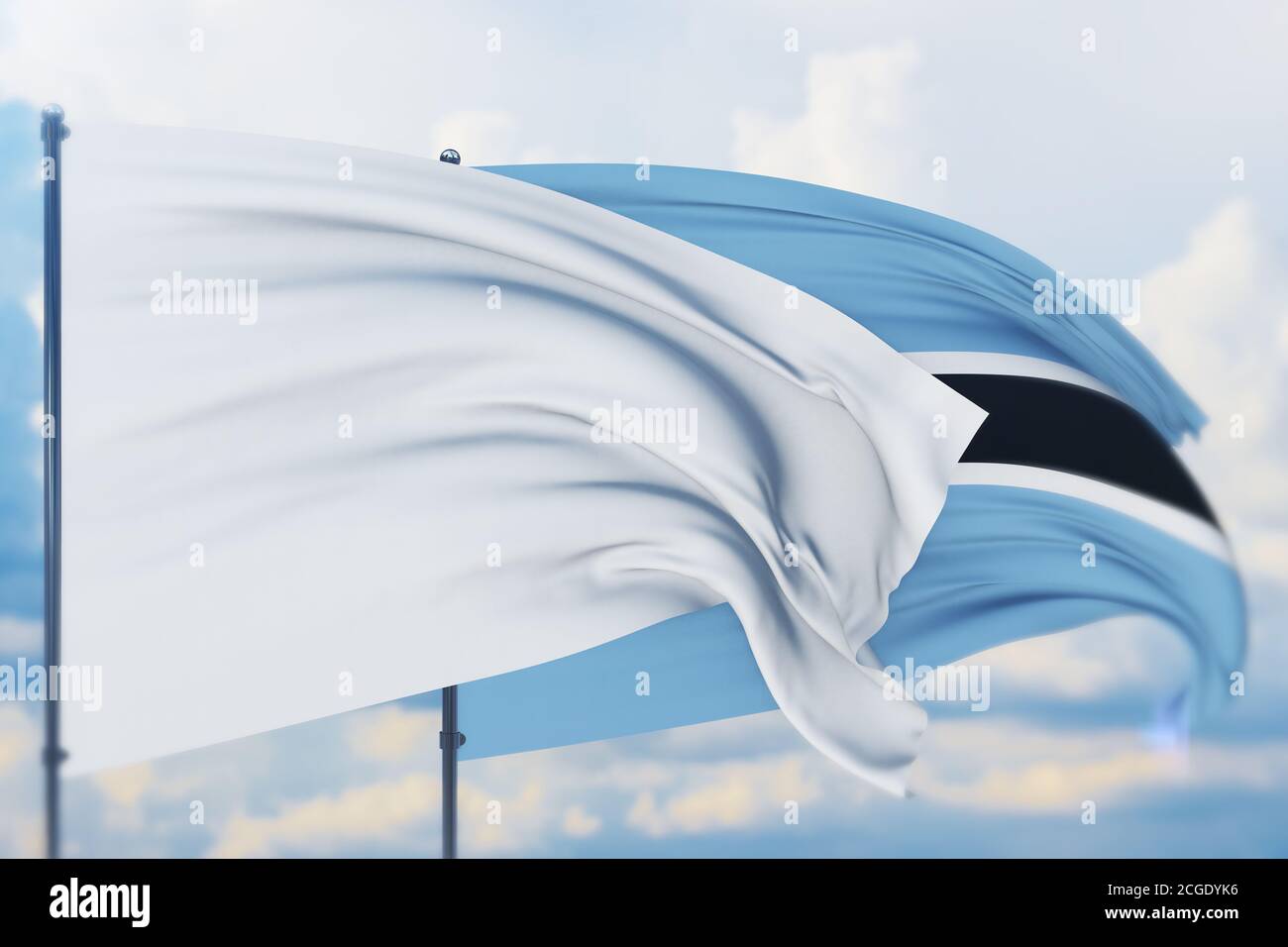 White flag on flagpole waving in the wind and flag of Botswana. Closeup ...
