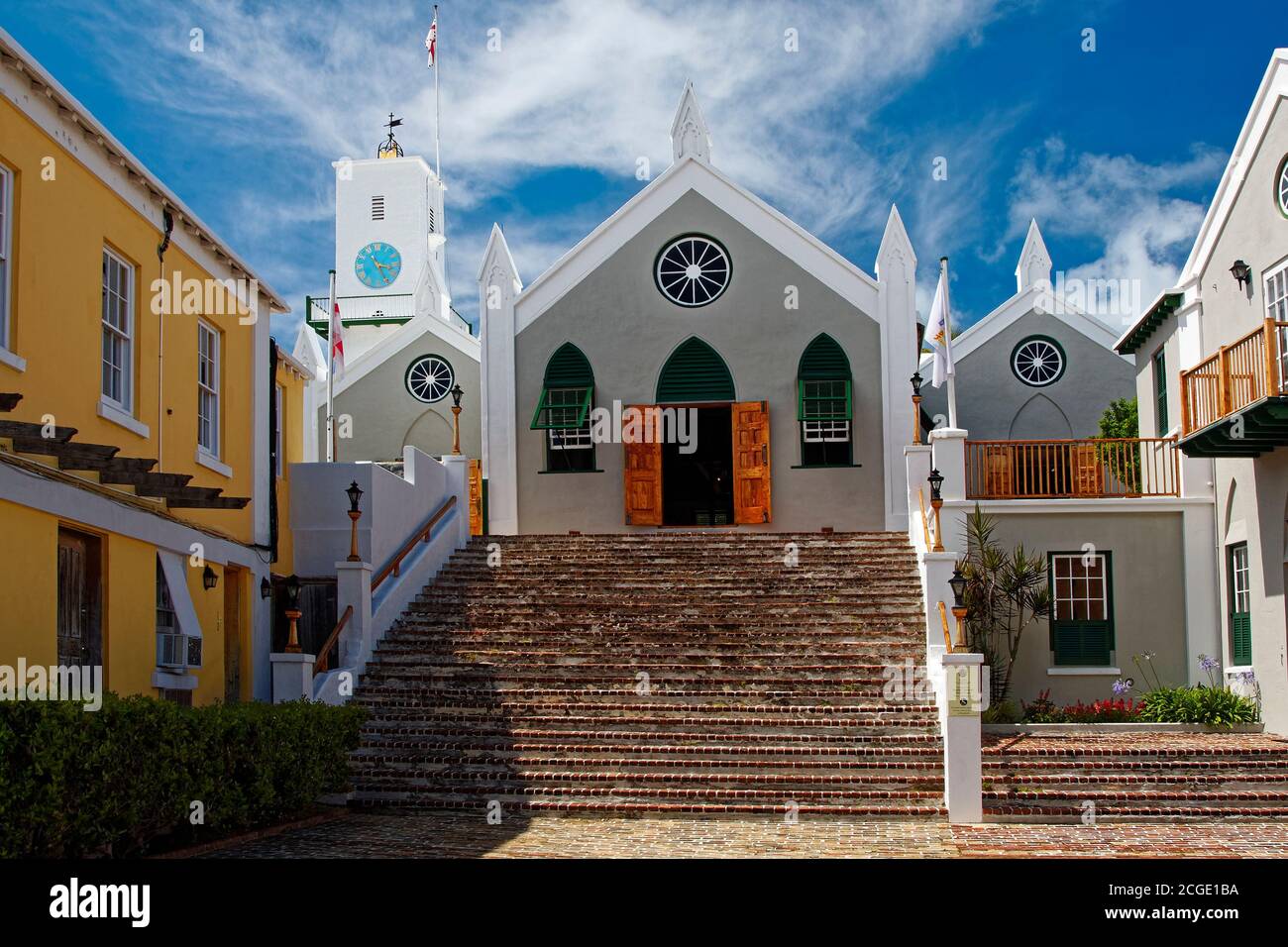 St. Peter's, Their Majesties Chappell, religious building, Anglican church, long flight brick steps, 17th century, old, St. George, Bermuda Stock Photo