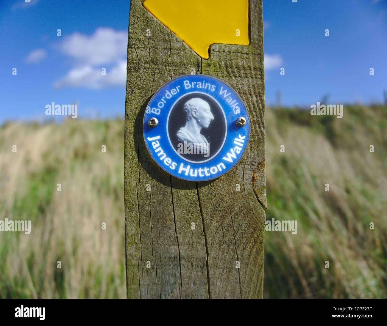 Signpost on the James Hutton Walk, also part of the Berwickshire Coastal Route, near Cockburnspath, Berwickshire, Scottish Borders, UK. Stock Photo