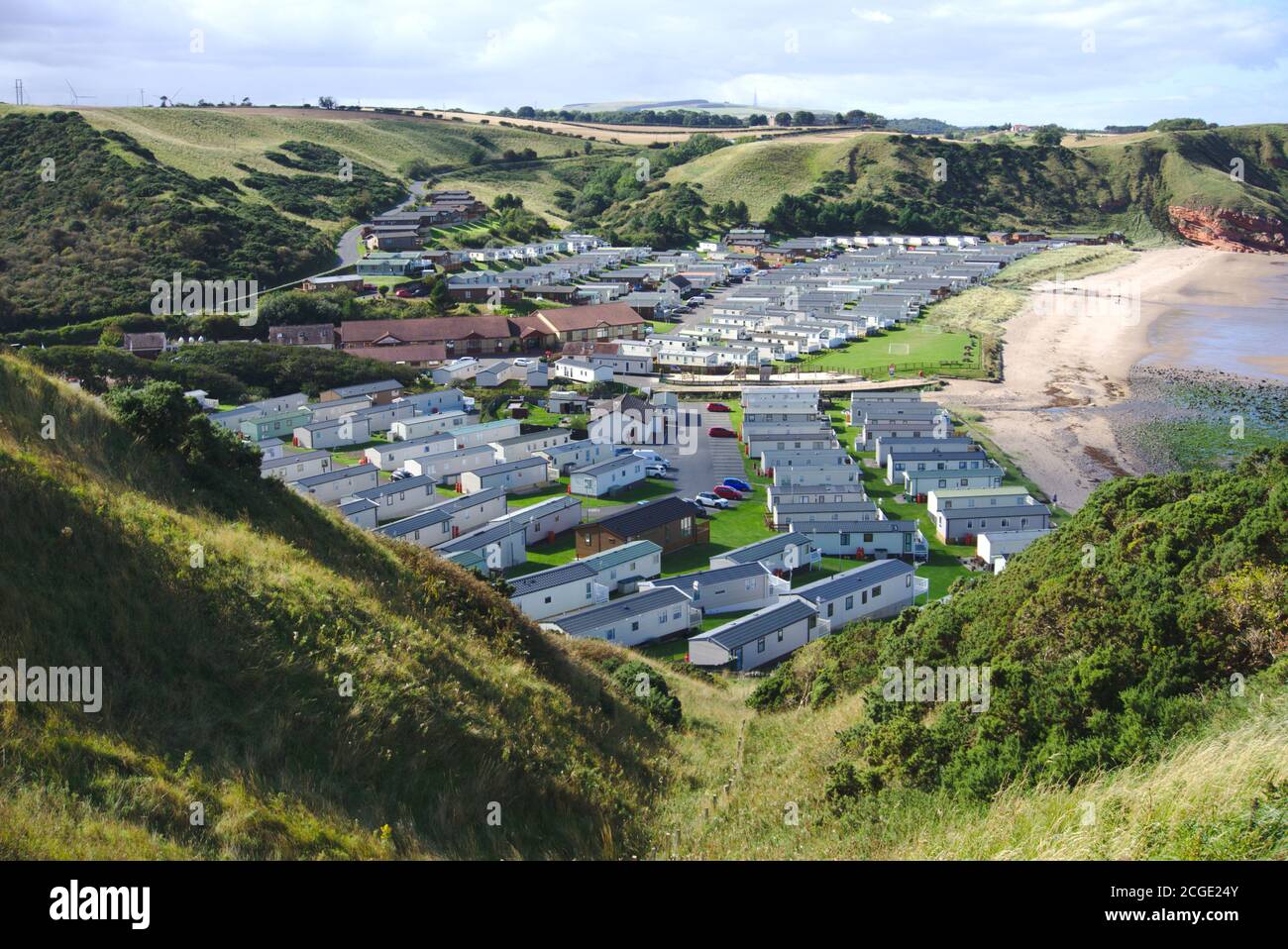 High level view of Pease Bay holiday park overlooking the North Sea near Cockburnspath