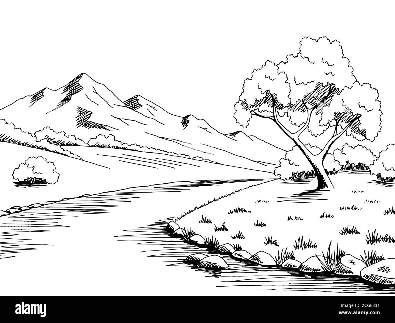 Mountain river graphic black white landscape sketch illustration vector Stock Vector Image & Art