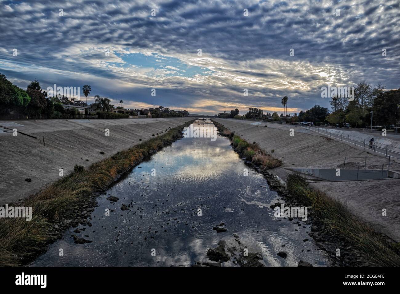 Ballona Creek with late afternoon clouds, Marina Del Rey, Los Angeles, California, USA Stock Photo