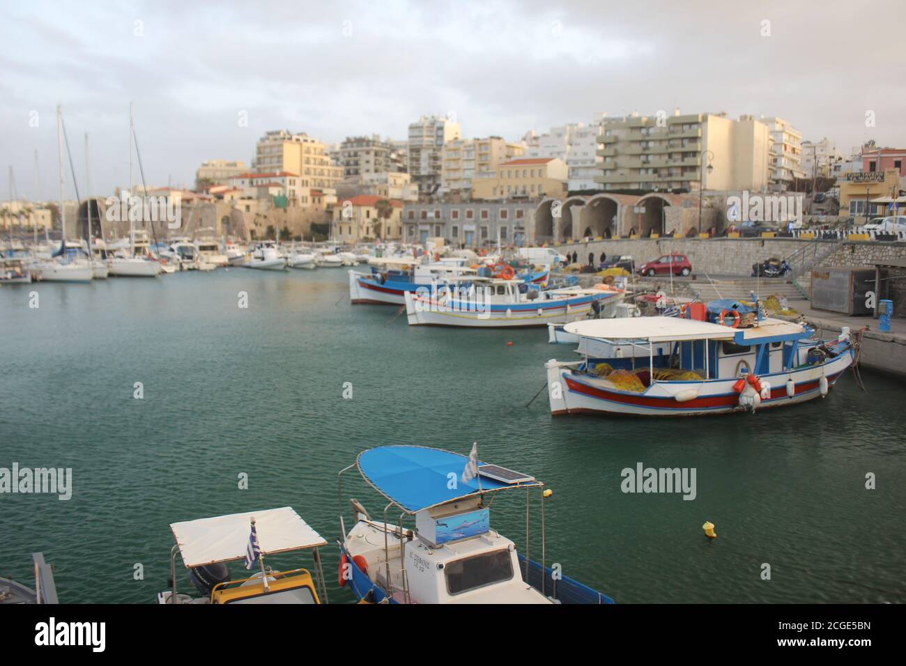 The Venetian port of  Heraclion city in Crete island , Greece Stock Photo