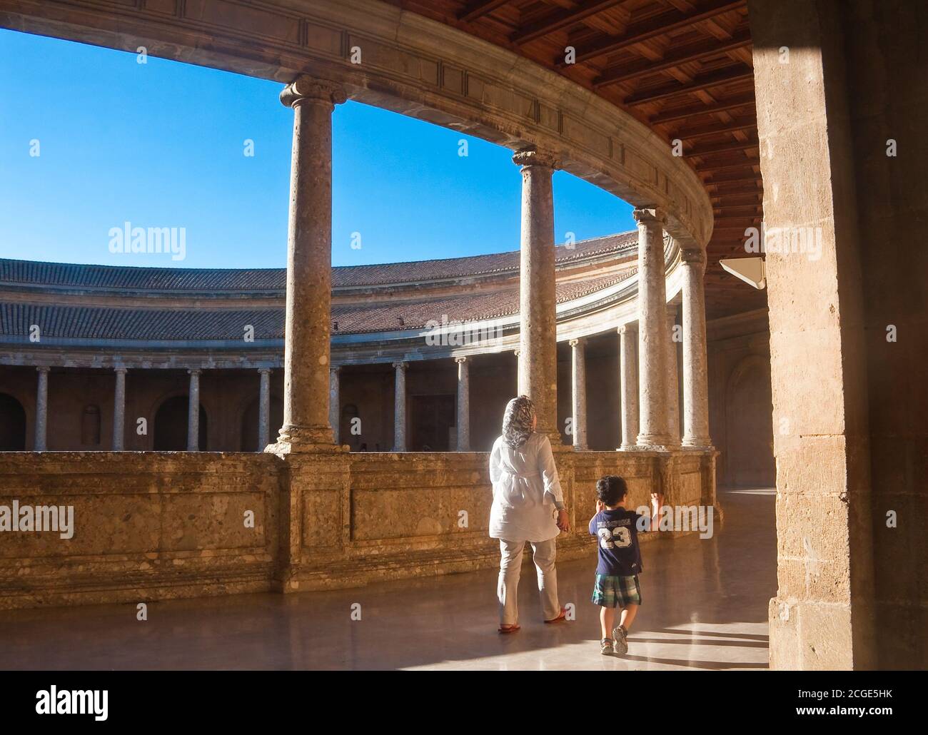 nside the palace of Charles V at the Alhambra. Granada, Spain Stock Photo